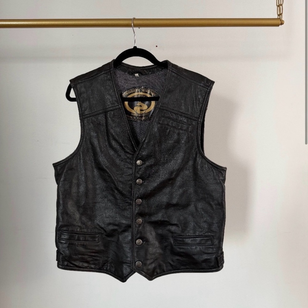 mens black leather vest with metal detailing - Picture 4 of 5